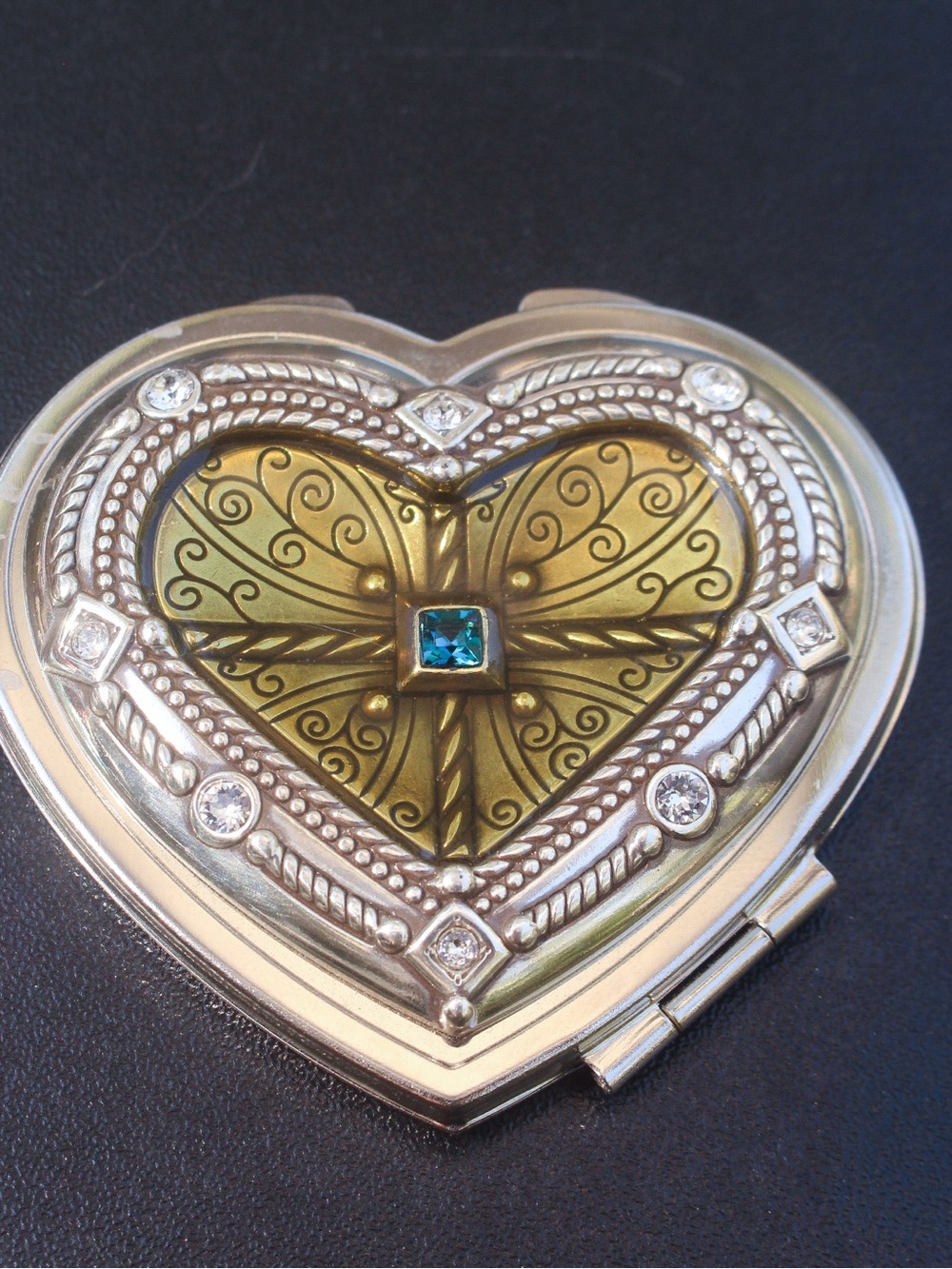 Brighton Heart-Shaped Compact with Gold Filigree and Teal Stone - NWOT